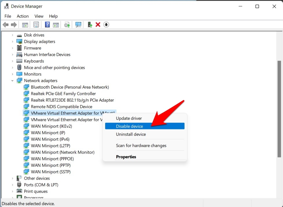 disable ethernet in Windows 11 via device manager