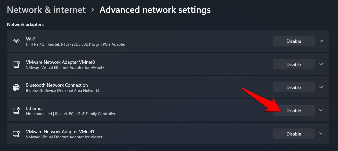 disable ethernet via Windows 11 settings
