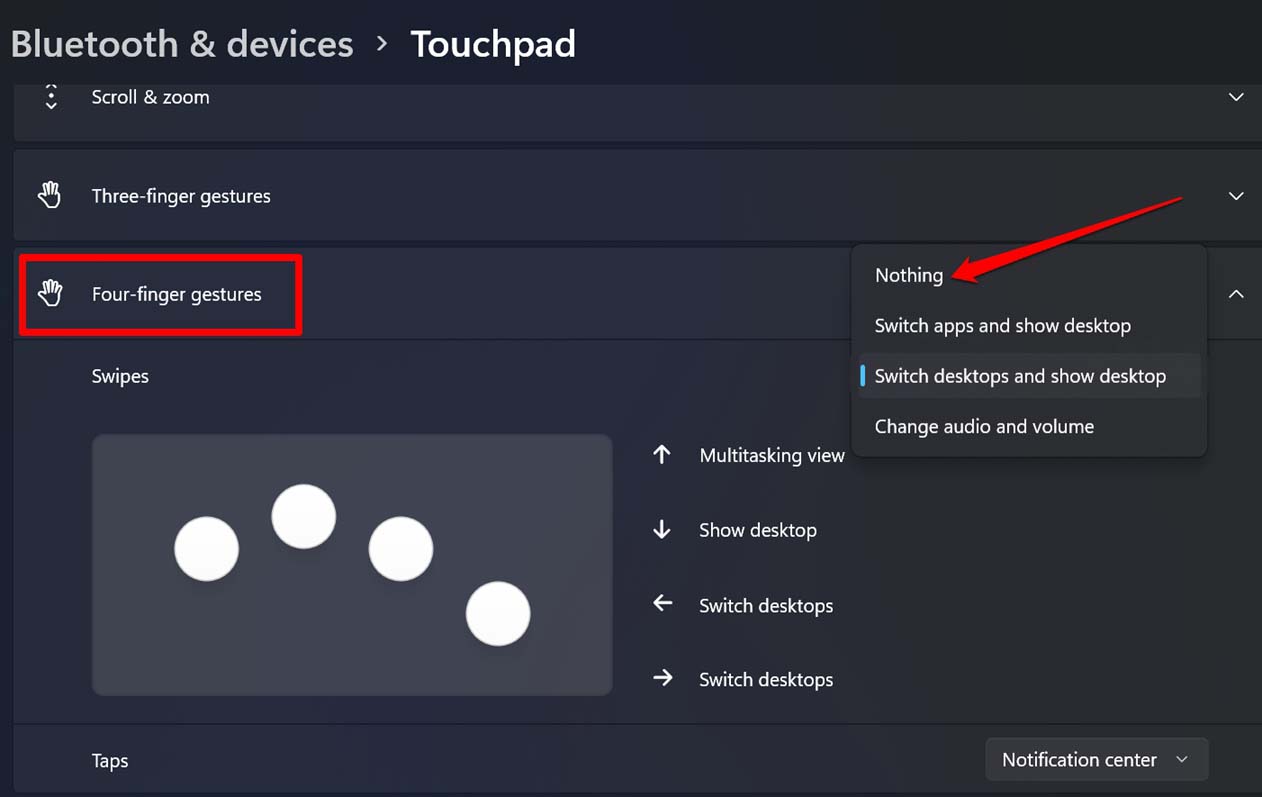 disable four finger gesture Windows OS