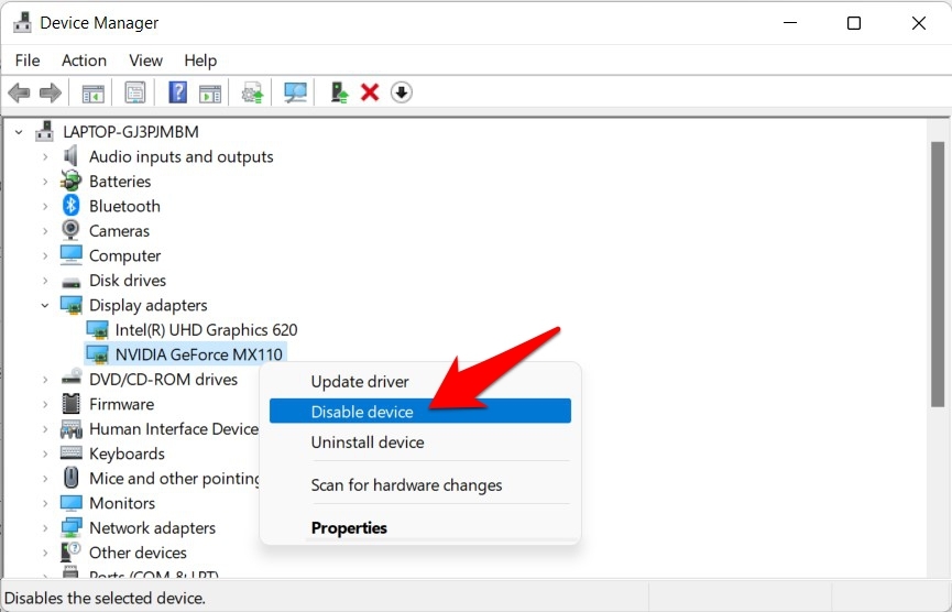 disable graphics card drivers windows 11