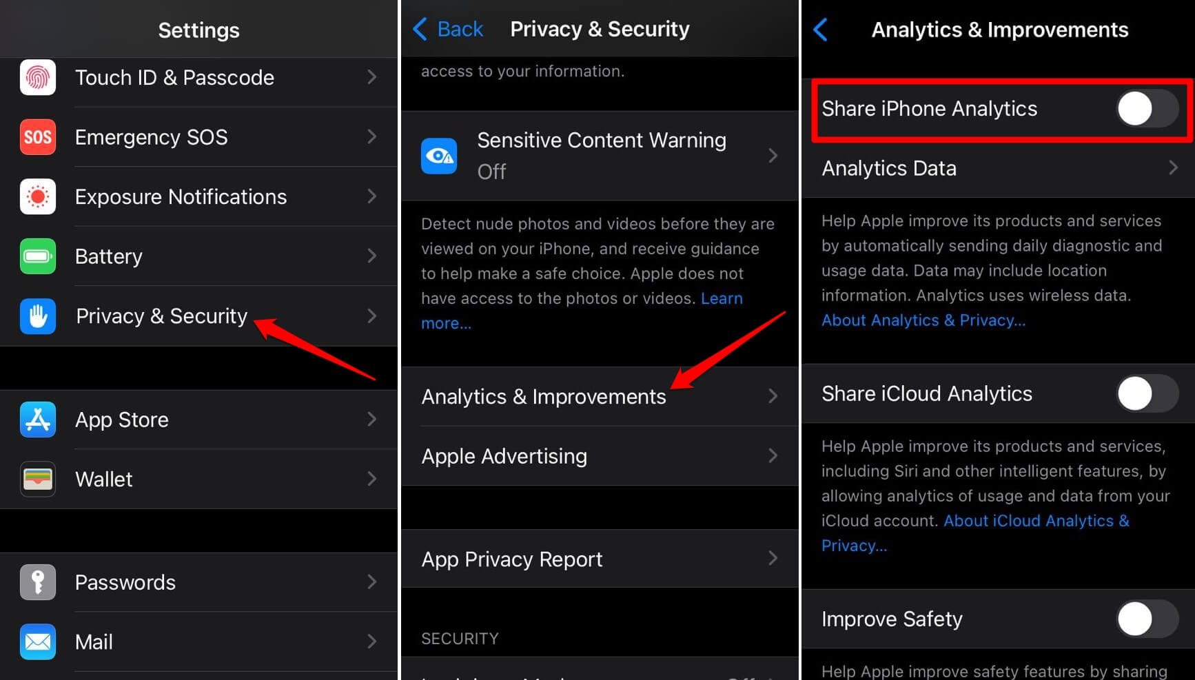disable iPhone analytics data in iOS