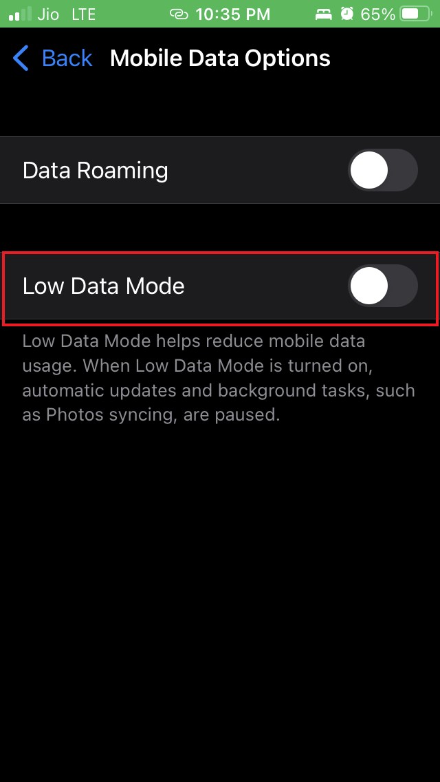 disable low data mode iOS
