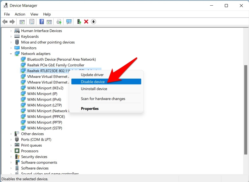 disable network driver windows 11