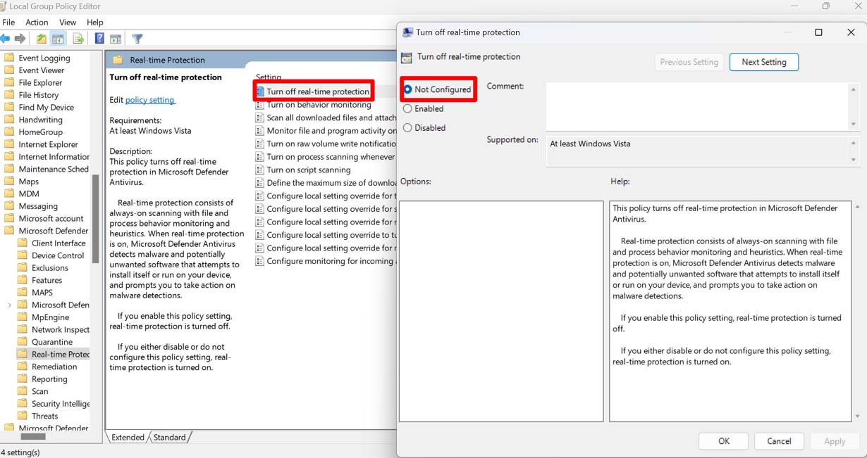 How to Fix 'This Setting Is Managed by Your Administrator' Error on Windows 11? 14 disable real time protection not configured