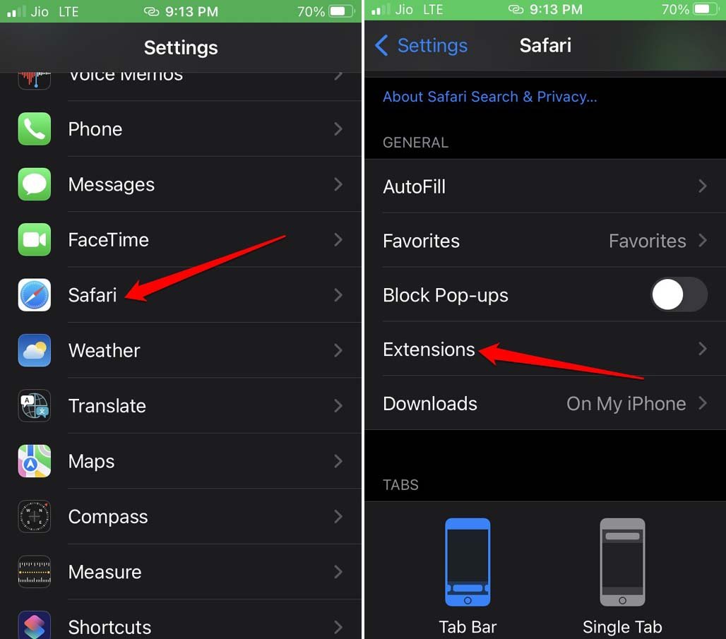 disable safari extensions