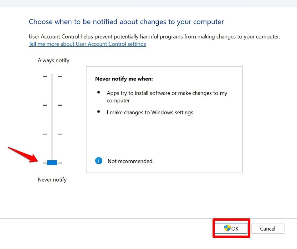 How to Fix Exception Access Violation Error on Windows 11? 4 disable user account control settings