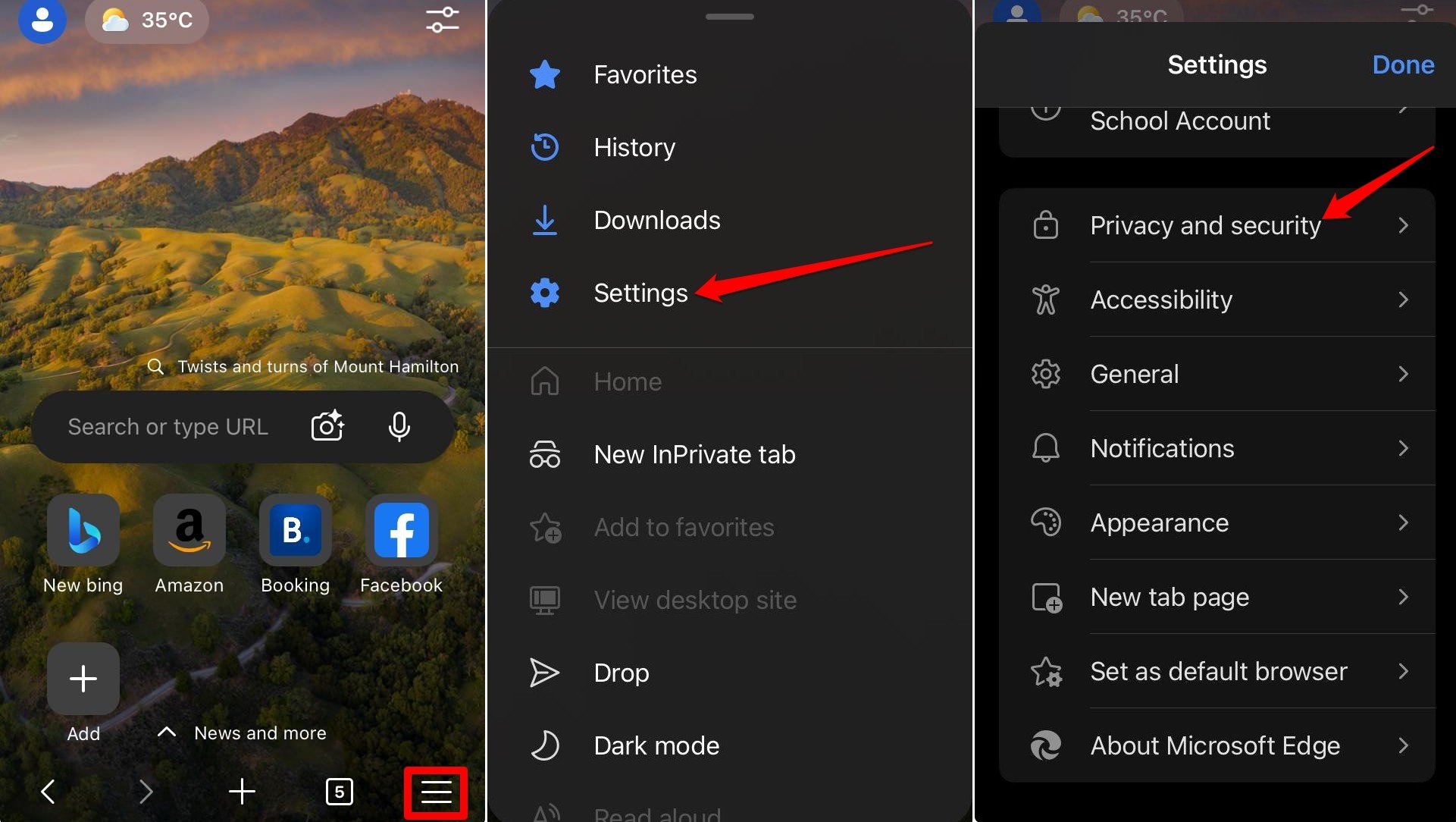 edge browser iOS privacy settings