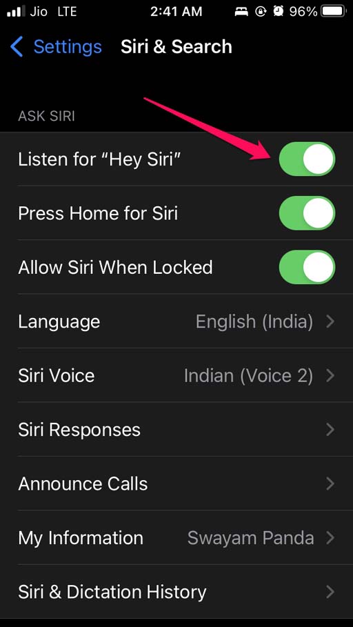 enable Hey Siri on iphone
