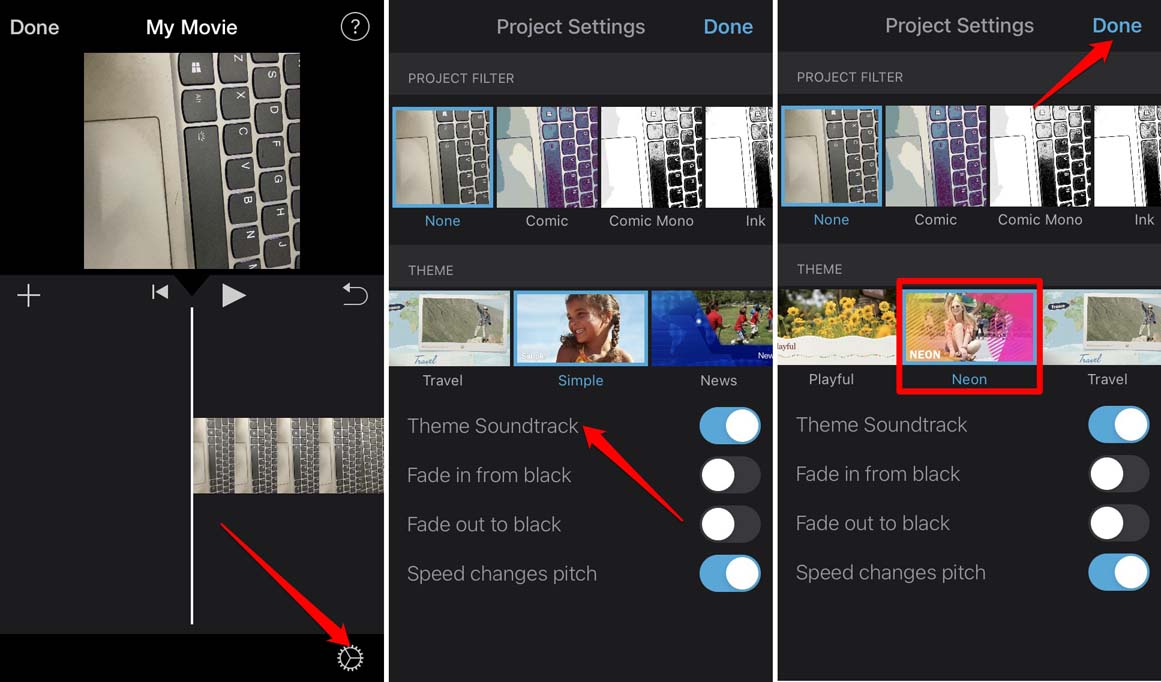 enable add theme soundtrack in iMovie on iPhone