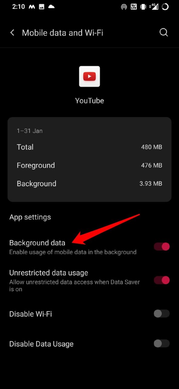 enable backgorund data usage for YouTube android
