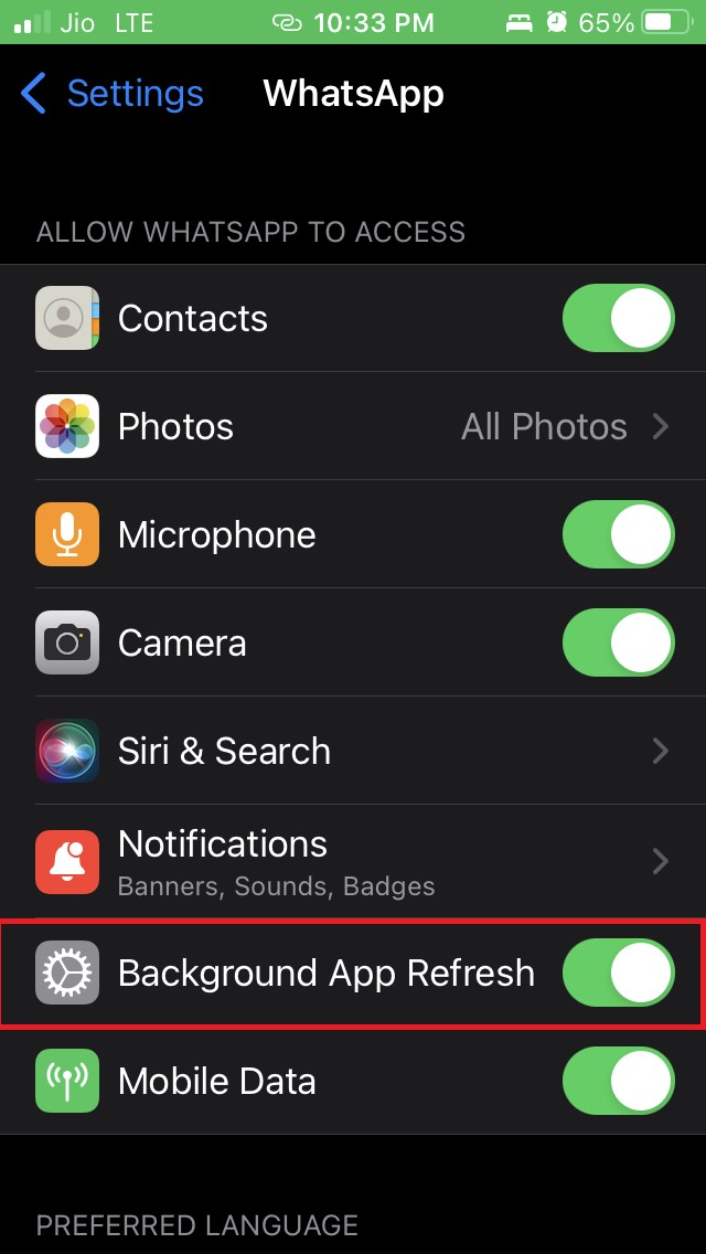 enable background app refresh for WhatsApp