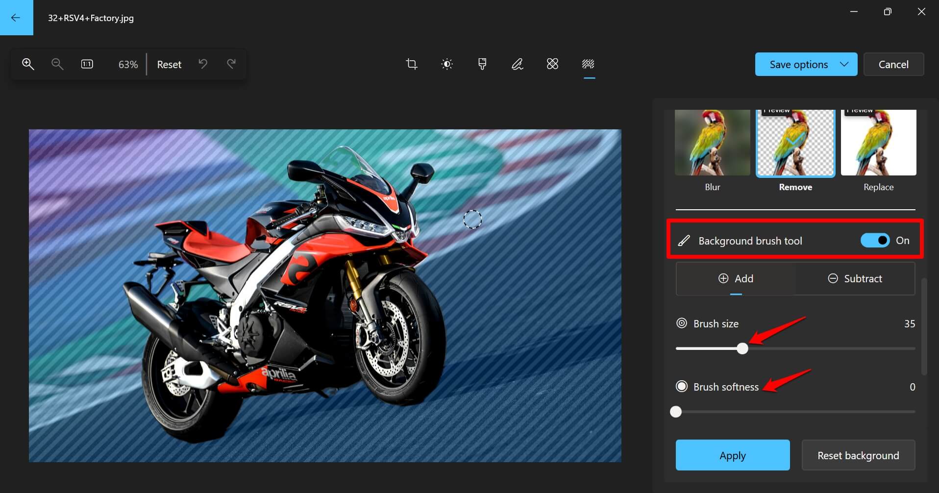 How to Make Background Transparent in Windows Photos App 8 enable background brush tool on Windows Photos editing panel