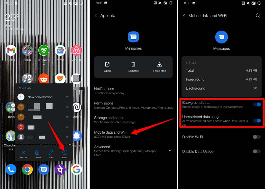 enable background data usage for Messages app