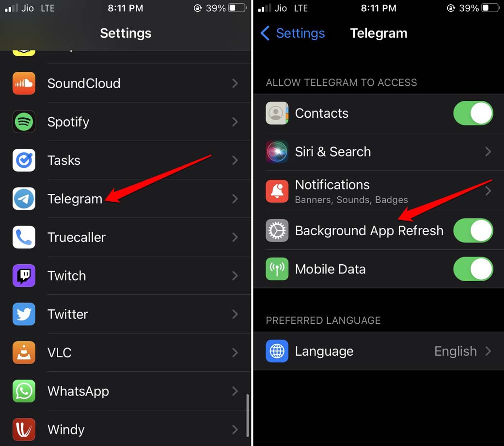 enable background refresh for Telegram