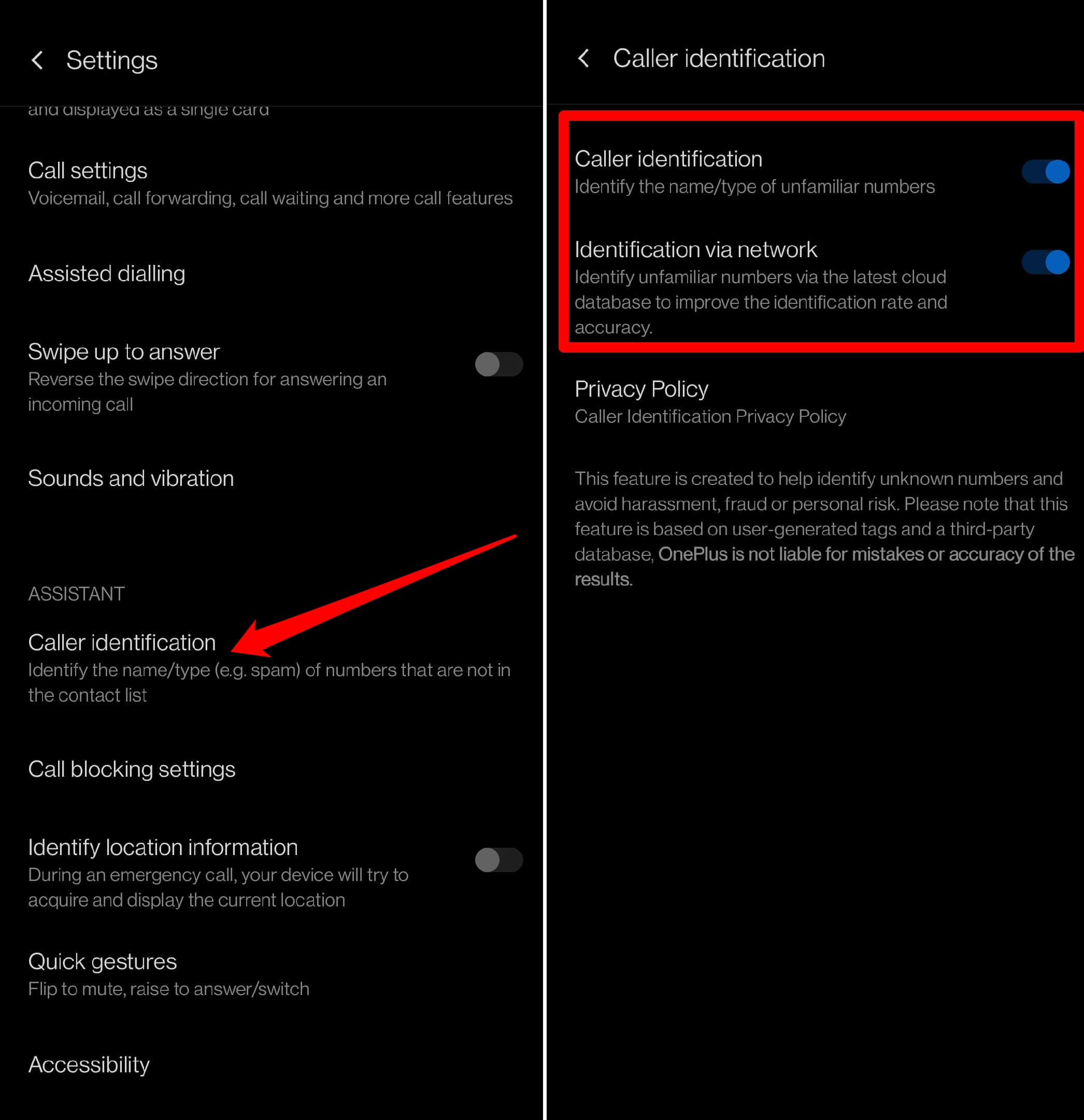 enable caller identification on Android phone app