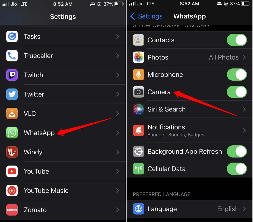 How to Fix Front Camera Not Working for WhatsApp Video Calls on iPhone? 4 enable camera permission for WhatsApp