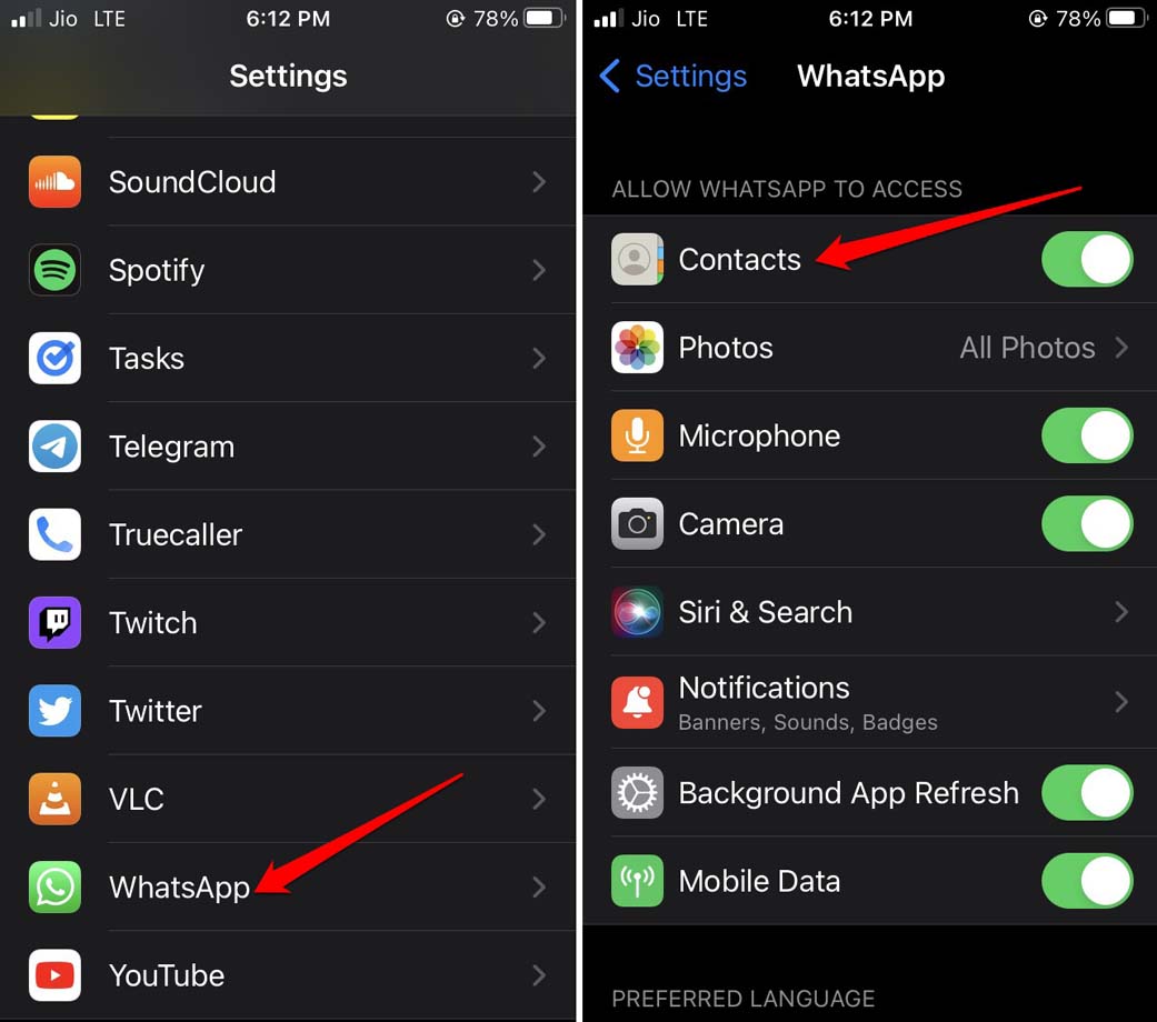 How to Fix WhatsApp Profile Picture Not Showing on iPhone? 4 enable contacts permission for WhatsApp