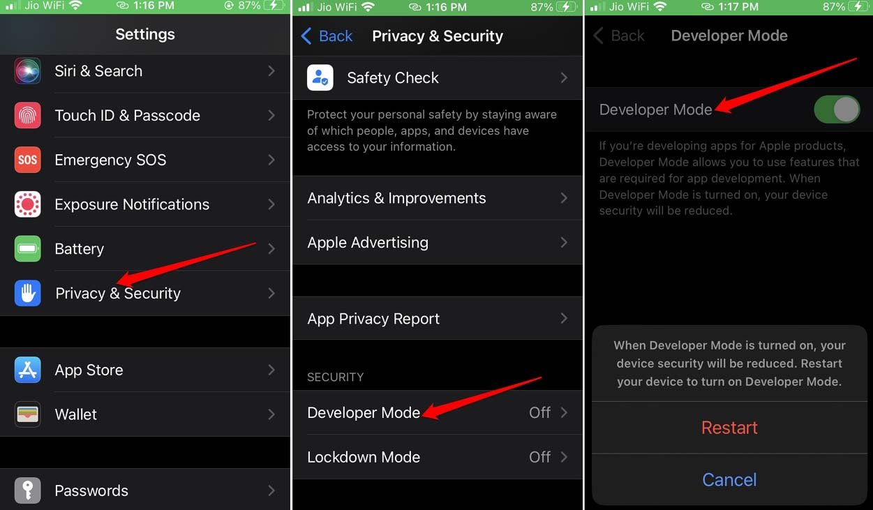 enable developer mode iOS