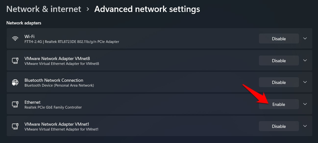 enable ethernet via Windows 11 settings