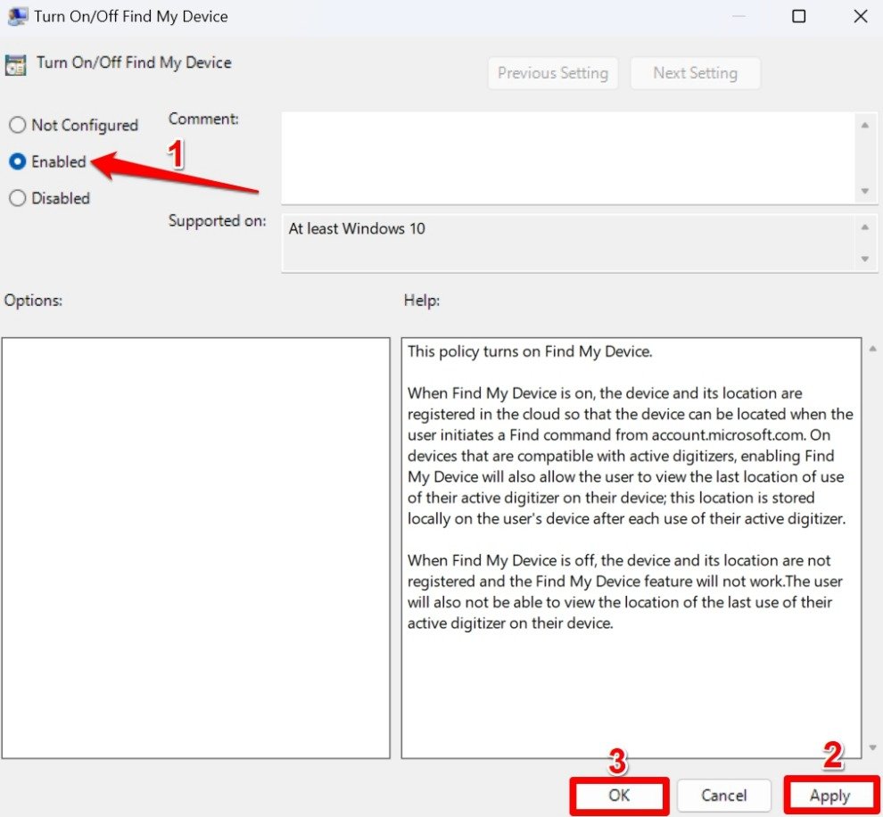 enable find my device using group policy editor 