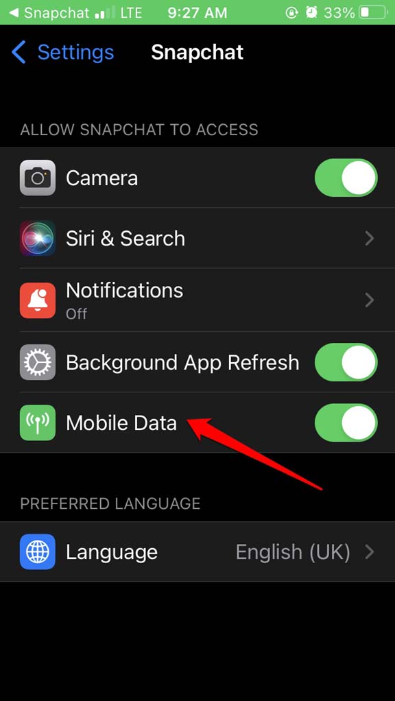 Snapchat Not Sending Snap on iPhone: How To Fix? 13 enable-mobile data for snapchat