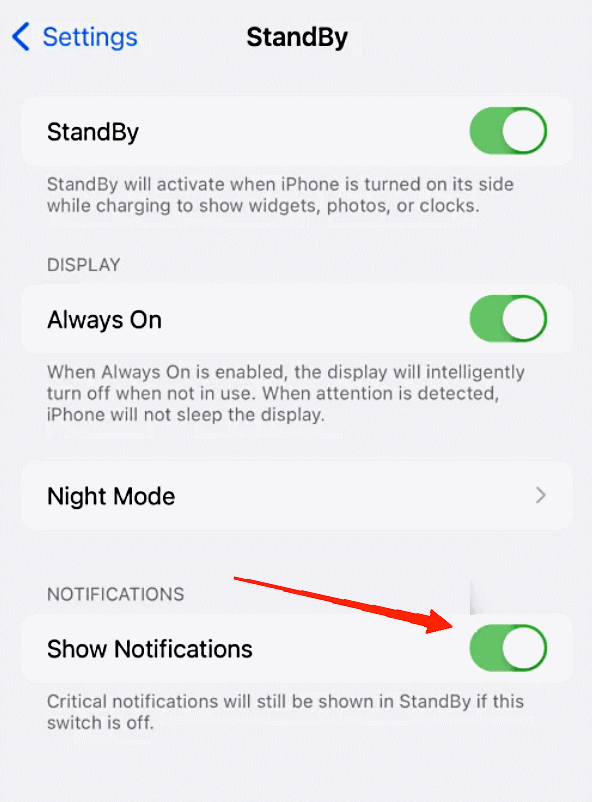 How to Enable or Disable Notifications in Standby Mode in iPhone With iOS 17? 3 turn on the toggle for the Show Notifications optio