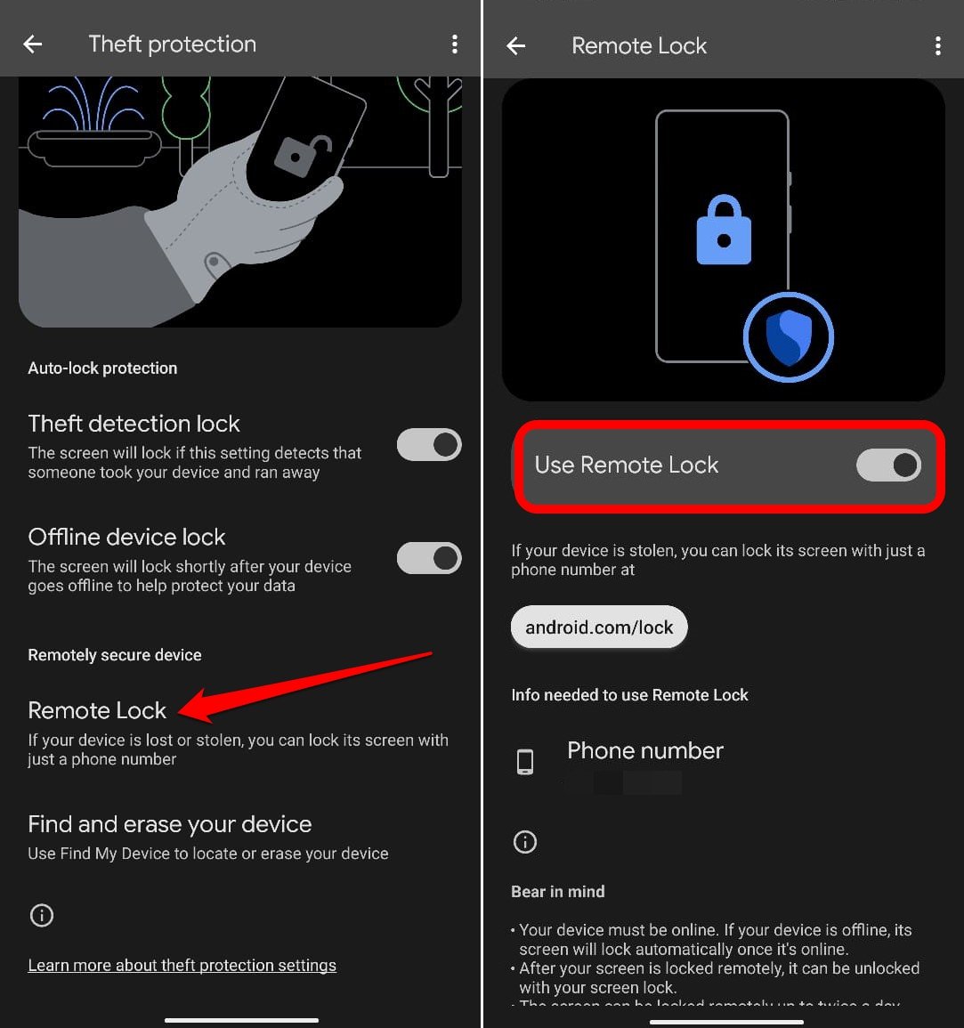 enable remote lock on Android device
