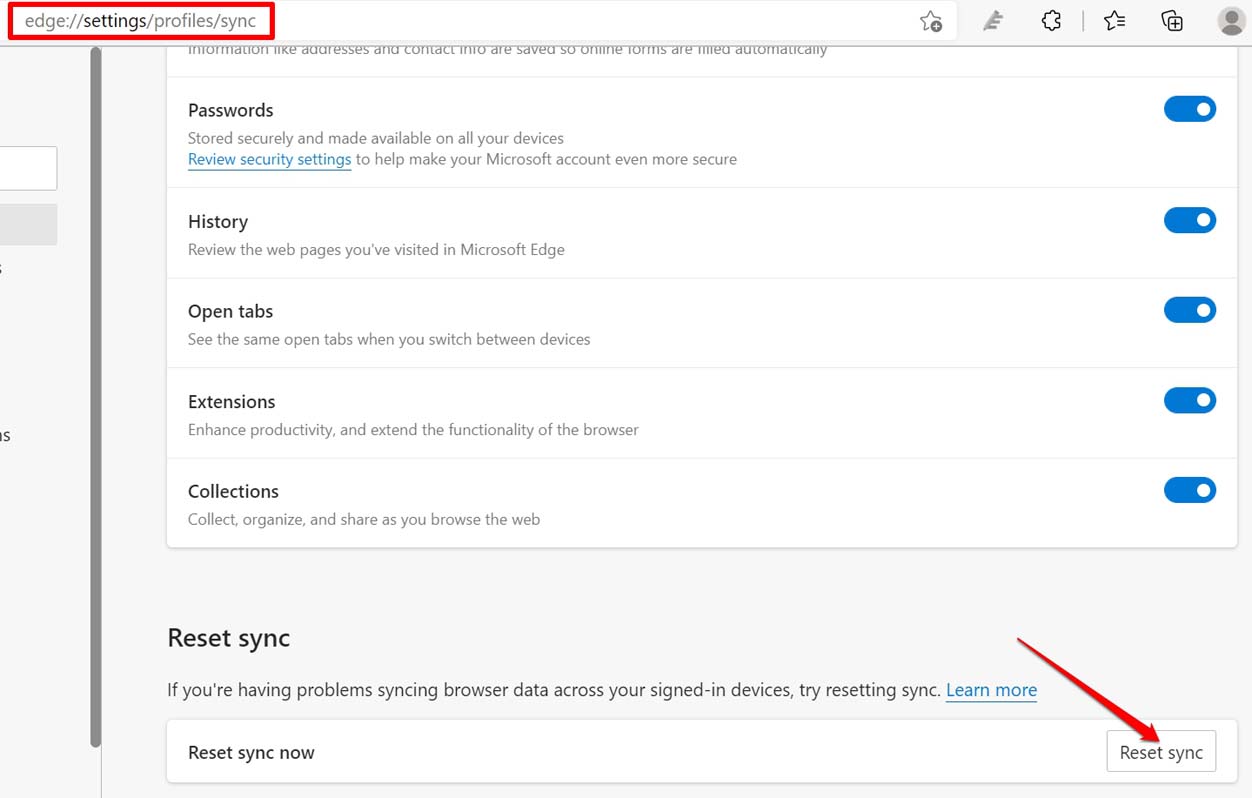 How to Fix Microsoft Edge Not Syncing? 15 enable reset sync on Edge browser