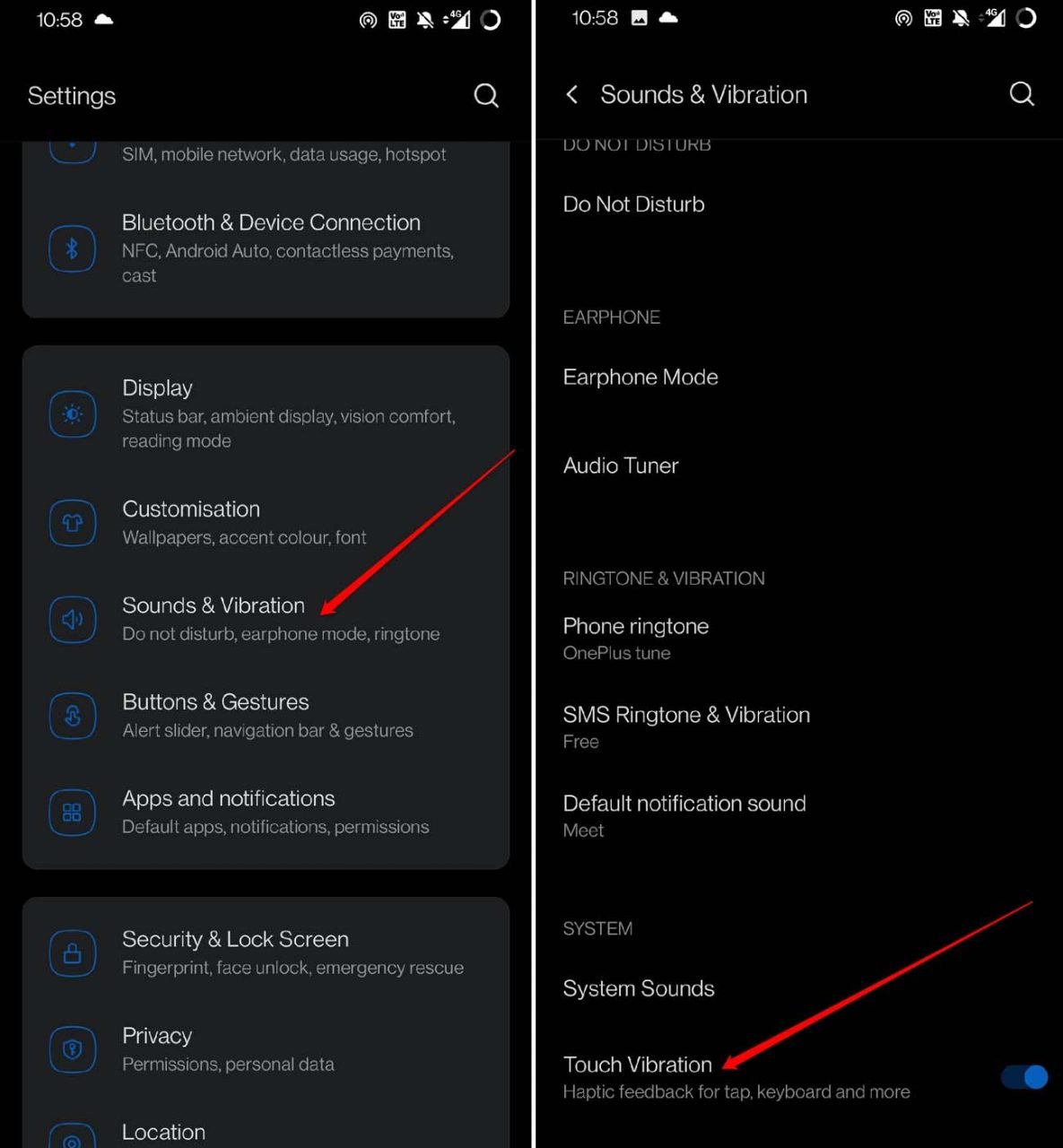 enable touch vibration Android OS