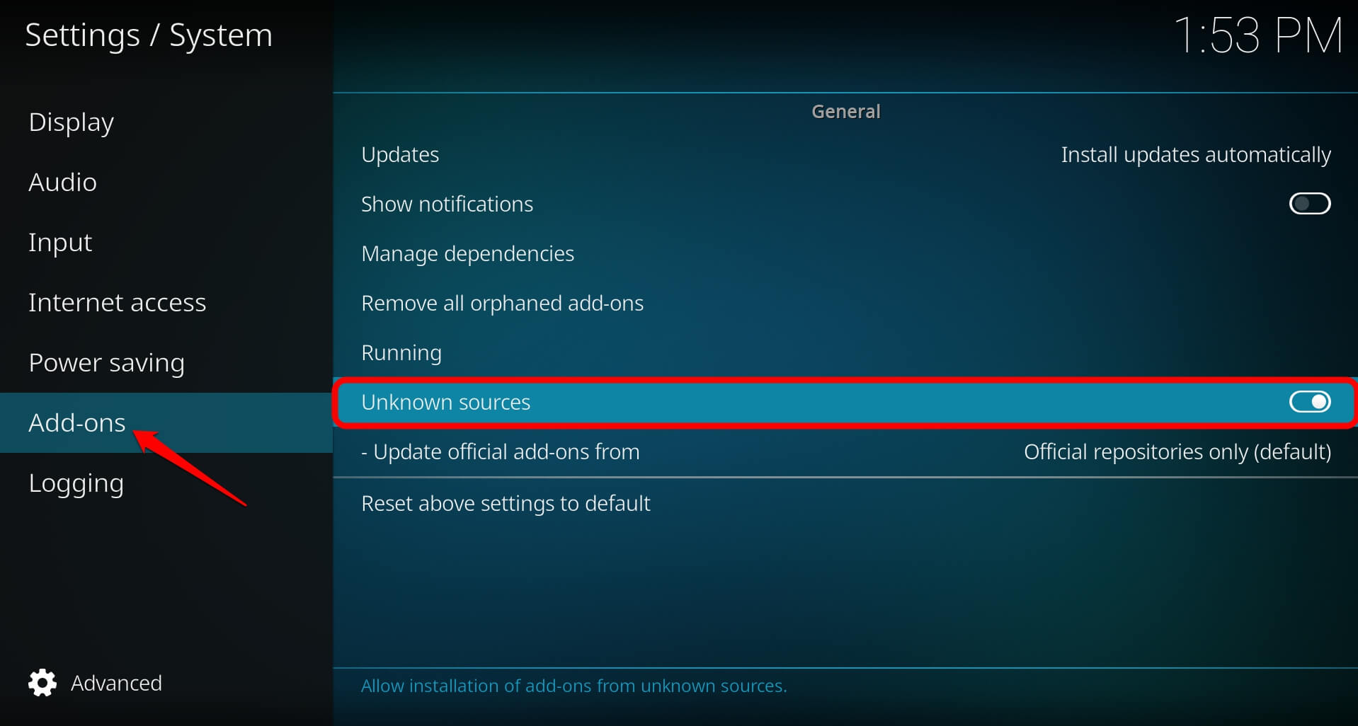 enable using Kodi addons from unknown sources