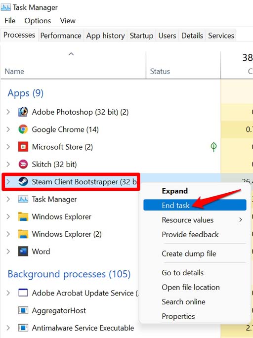 How to Fix Slow File Transfer Speed on Windows 11? 23 end task for Steam client for Windows OS