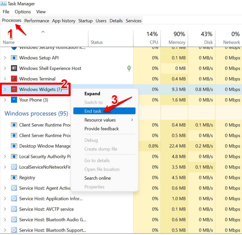How to Fix Widgets Not Working on Windows 11 10 end task windows widgets
