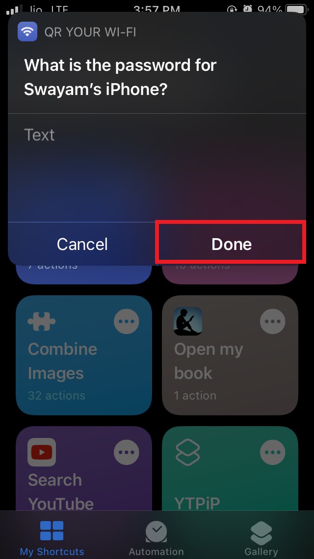 Share WiFi Password With QR Code from iPhone Using Shortcut 11 enter WiFi password