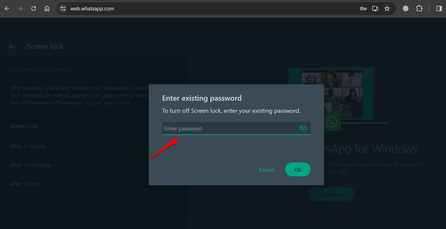 How to Secure WhatsApp Web With Password 13 enter existing password to remove WhatsApp web screen lock