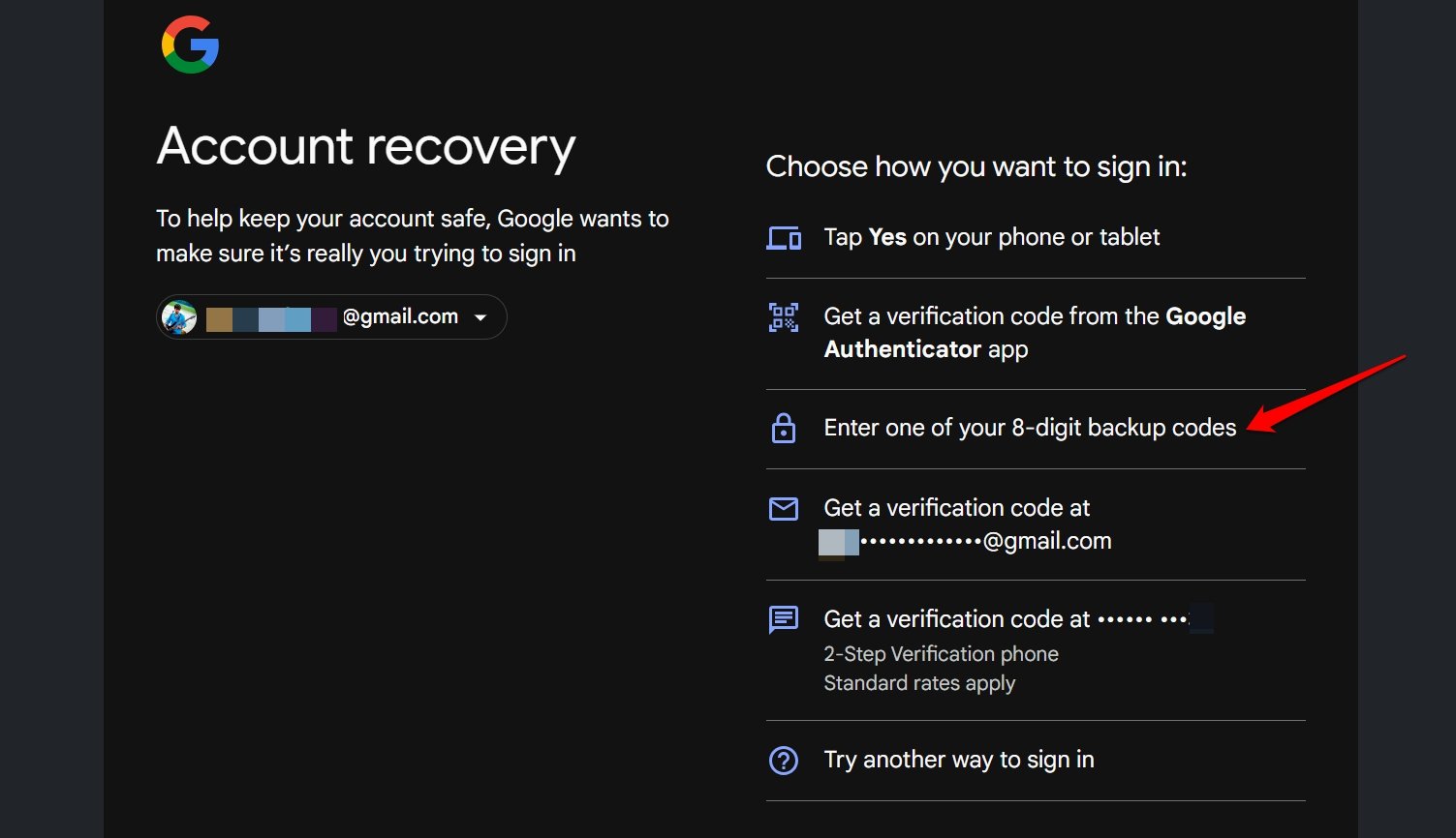 How to Login to Google Account if Phone is Lost with 2FA Authentication 7 enter one of the 8 digit backup codes
