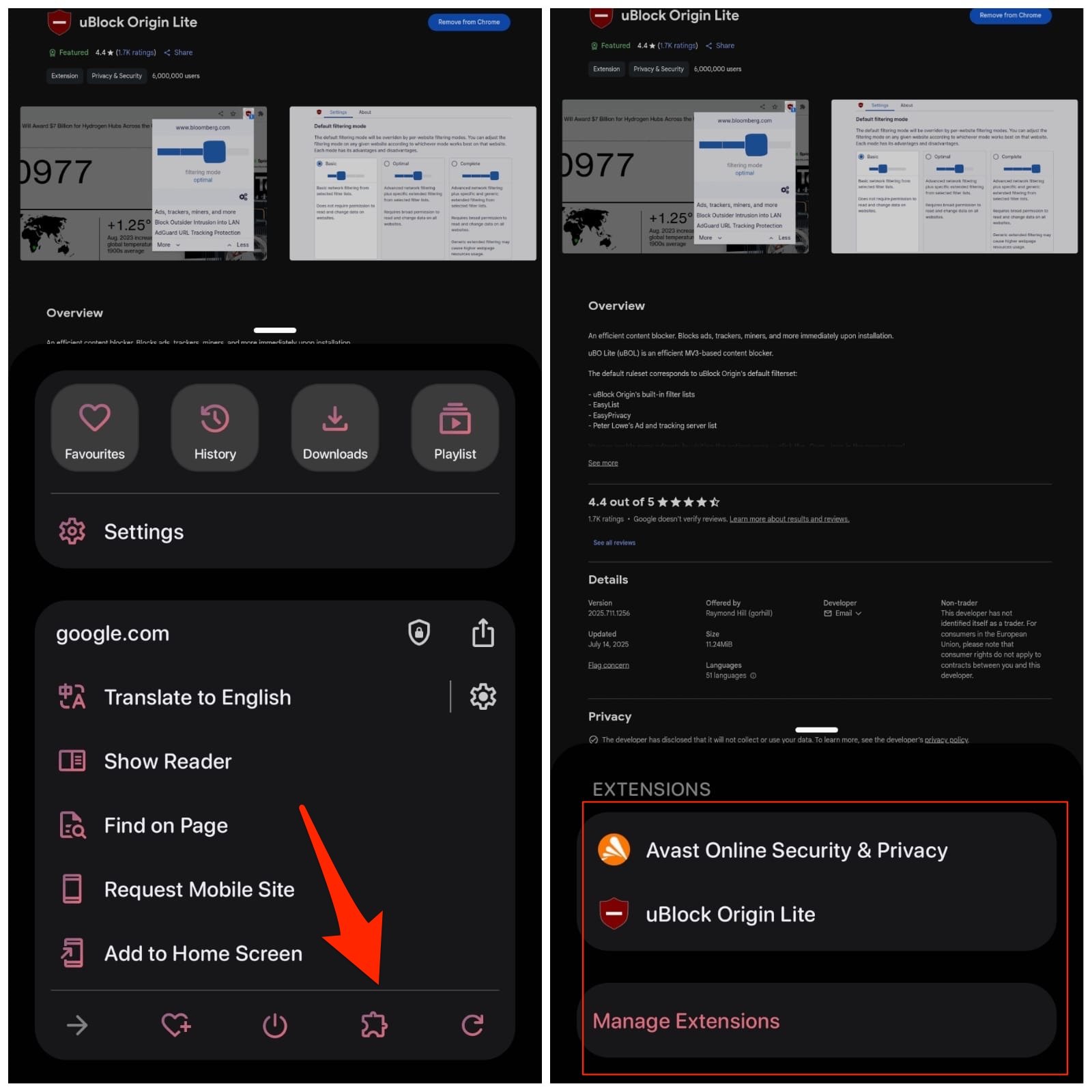 Best Kiwi Alternative: Install Chrome Extensions on Android 6 extension has been added to the Quetta browser menu option