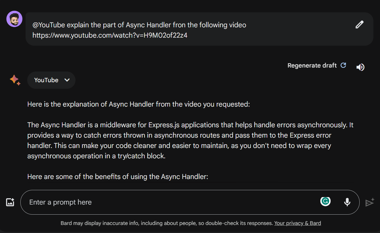 How to Use Bard to Search a YouTube Video 7 @YouTube explain the part of Async Handler from the following video (video link)