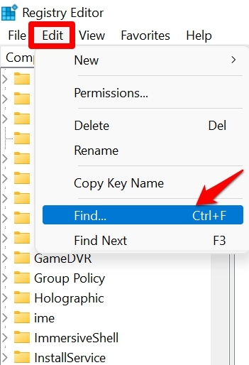 find action in Registry editor
