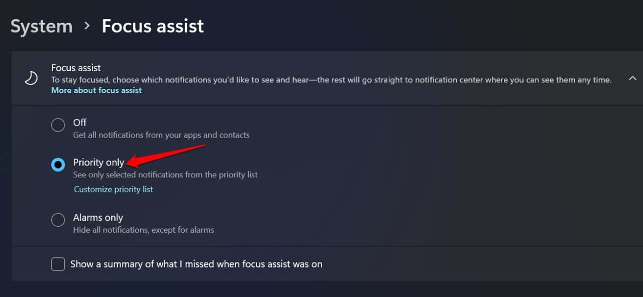 focus assist priority only