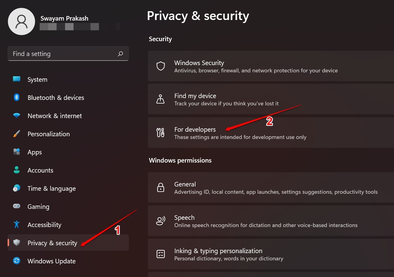 for developers settings Windows