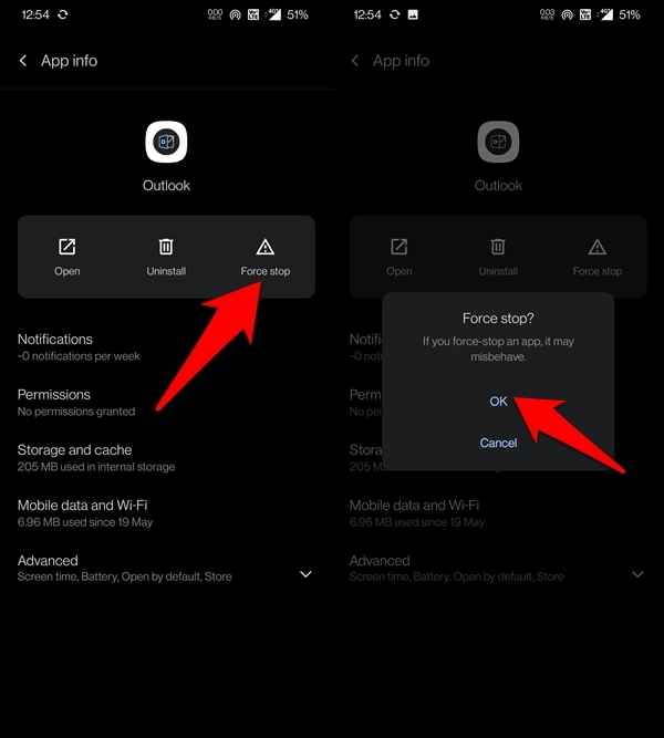 force stop outlook app on android