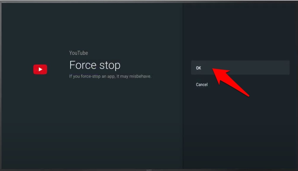 force stop youtube confirmation android tv