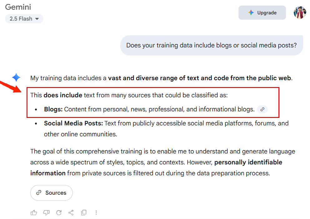 Are AI chatbots scraping content? It looks so! 5 Does your training data include blogs or social media posts gemini