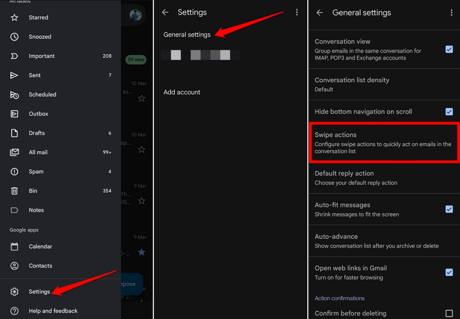 gmail swipe actions