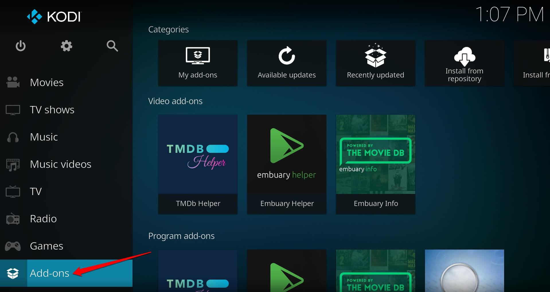 go to Kodi addons