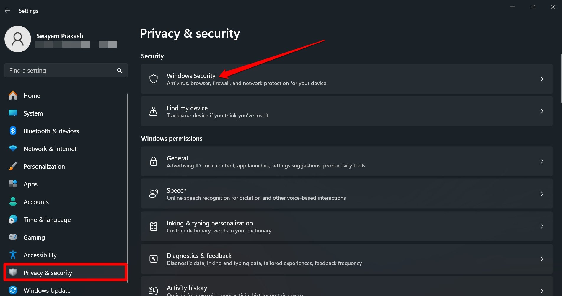 go to Windows security