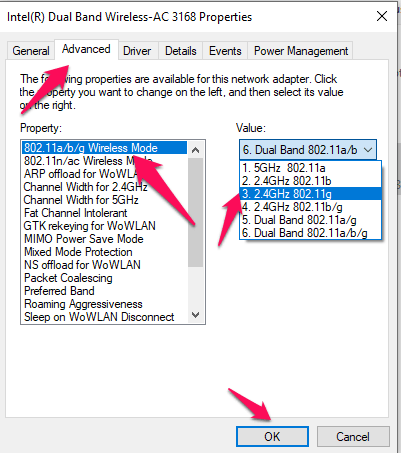 go to the advanced tab and change the value to 802.11g and click on the OK