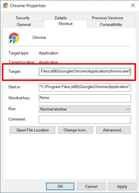 Fix Google Search Not Loading in Chrome Browser Windows 9 google chrome target field