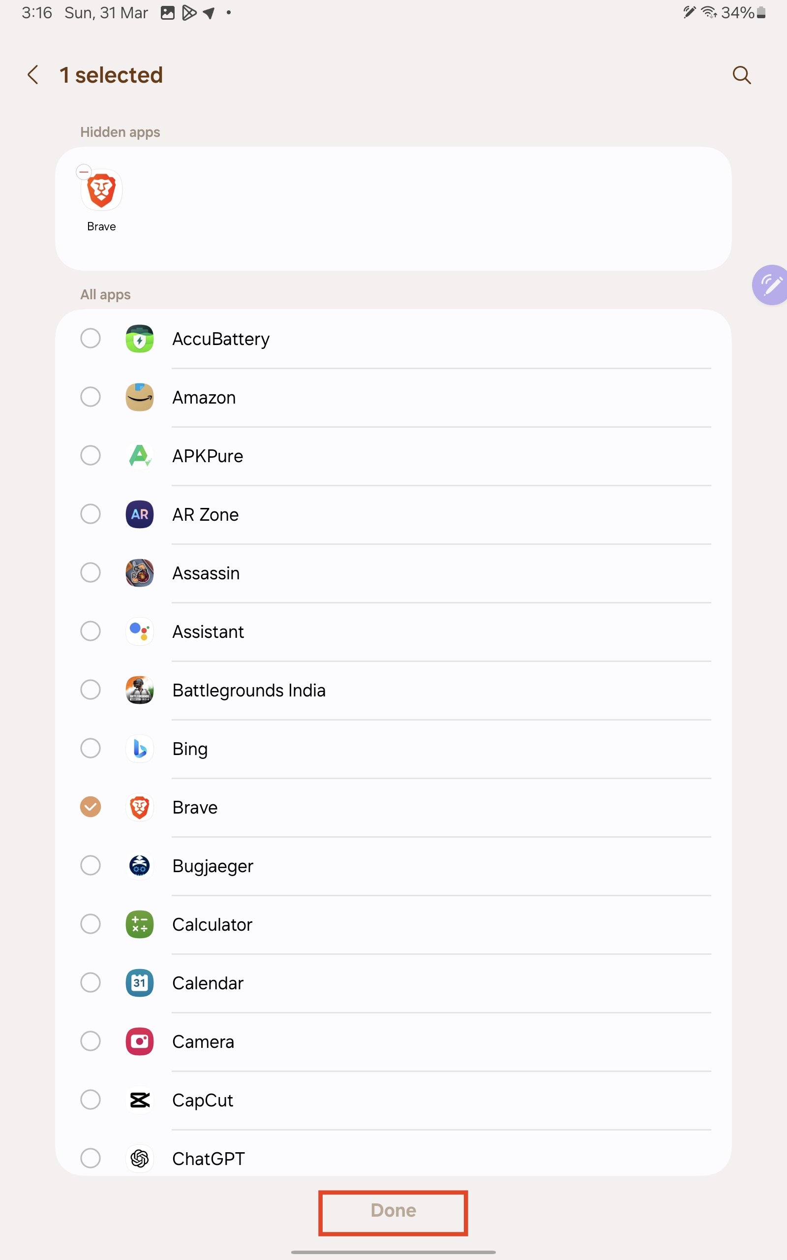 hide apps and tap Done