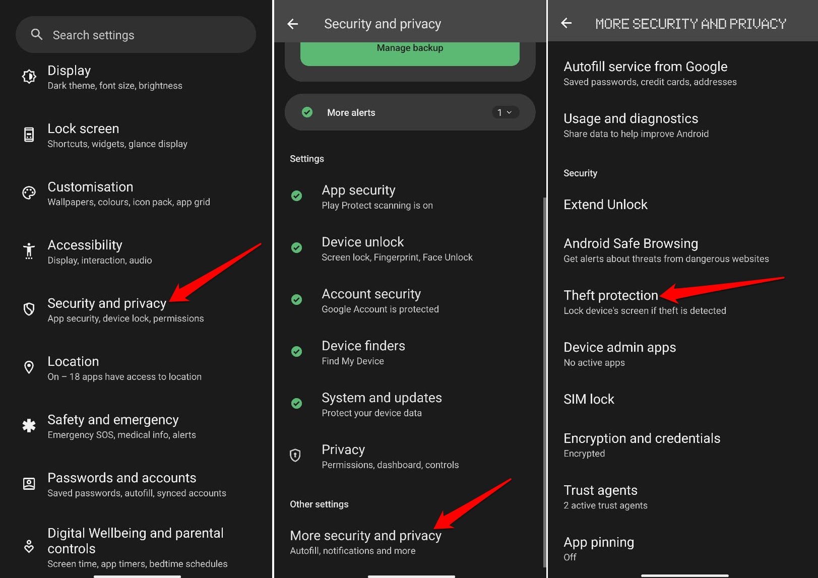 how to enable theft protection settings on Android